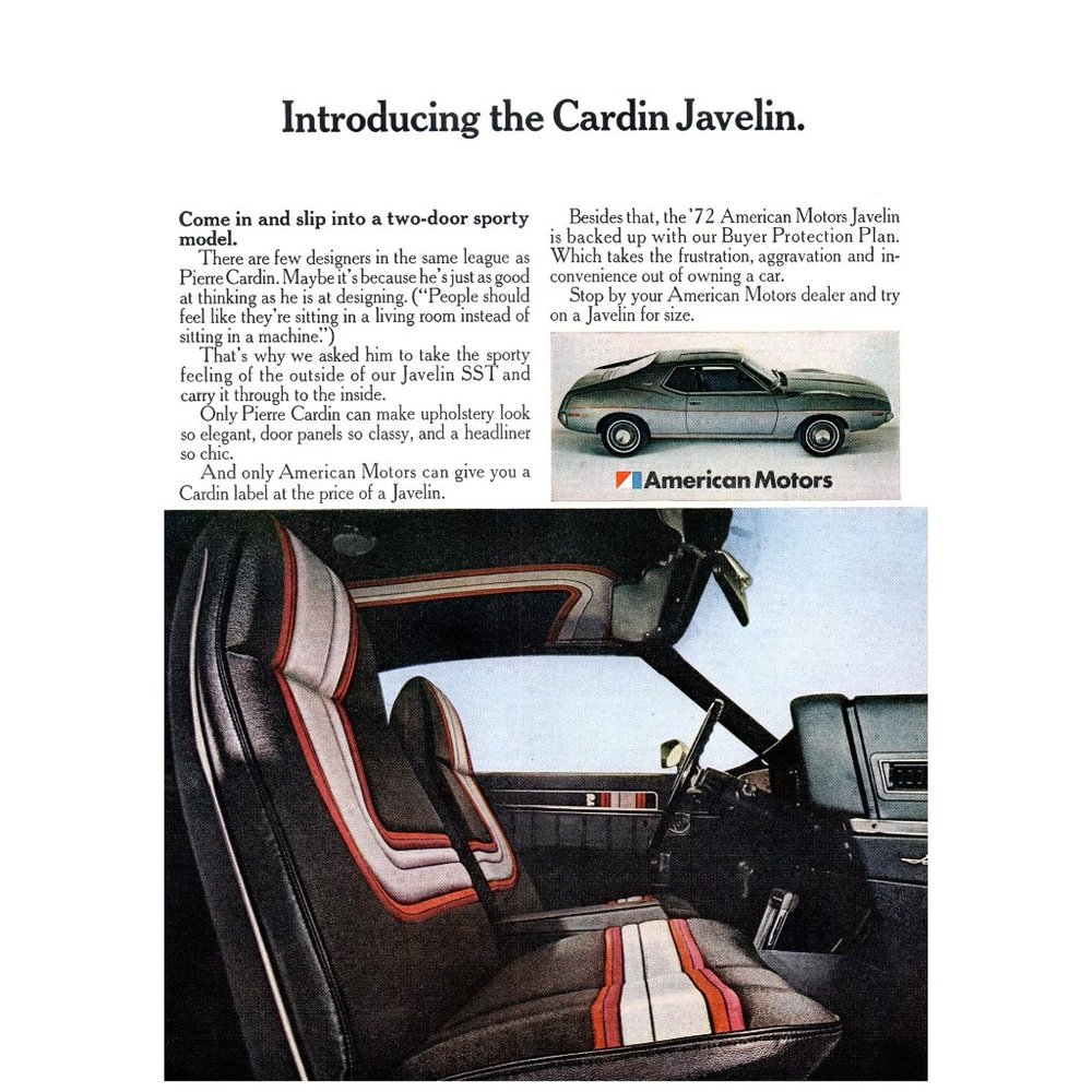 1972 AMC Javelin SST Pierre Cardin 2 Door Coupe Vintage Print Ad Classic Car Art